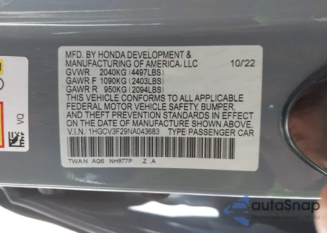 2022 Honda Accord Hybrid Sport from USA, damaged, VIN 1HGCV3F29NA043683